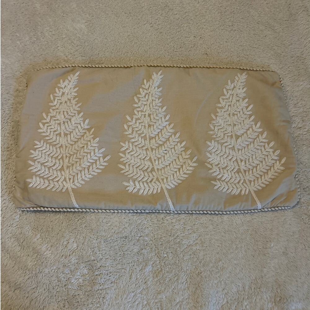Pier 1 Decorative Throw Pillow Cover 20x12 Tan White Embroidered Tree Leaves